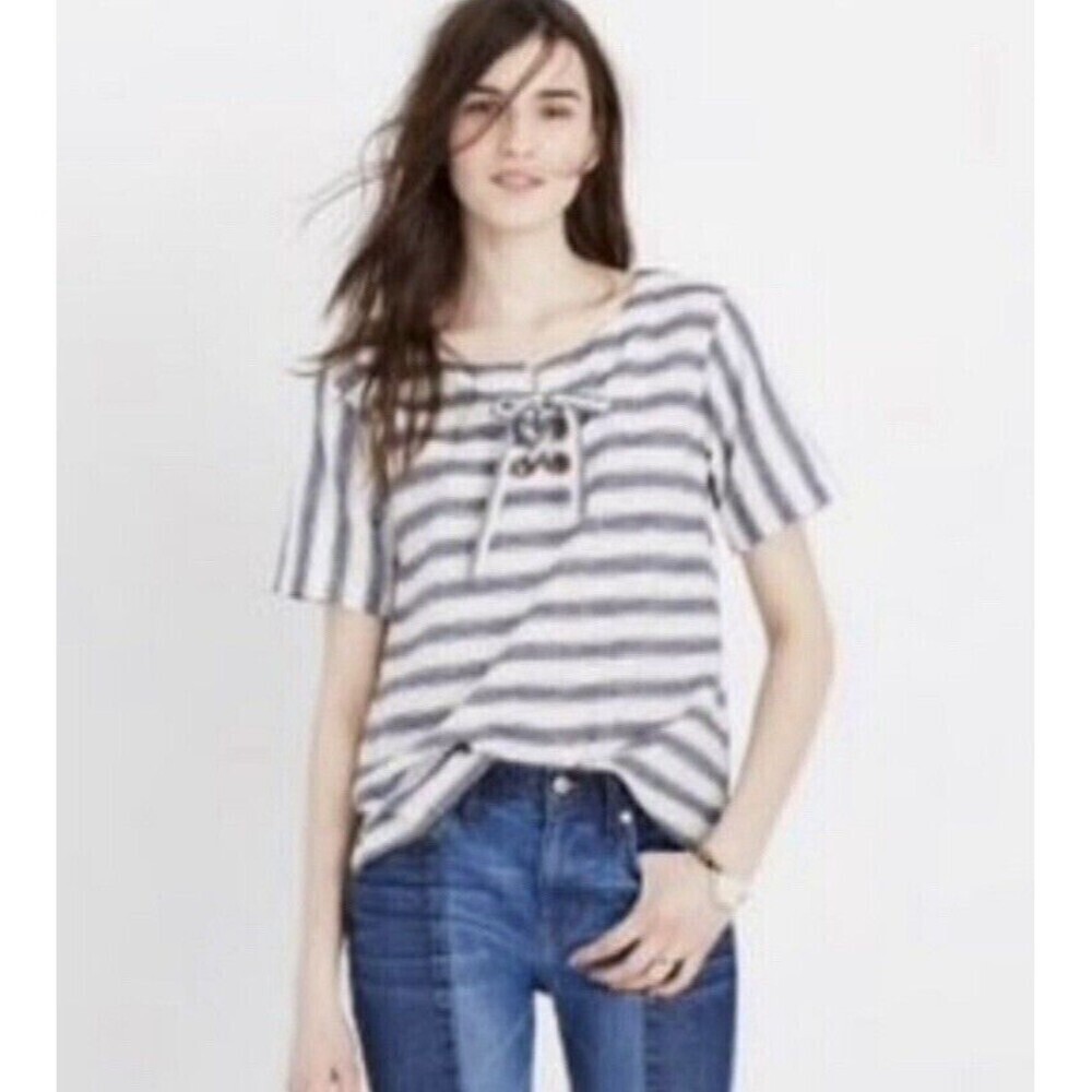 MADEWELL Striped Lace Up Top Size XS Nautical Linen/Cotton Short Sleeve Boxy